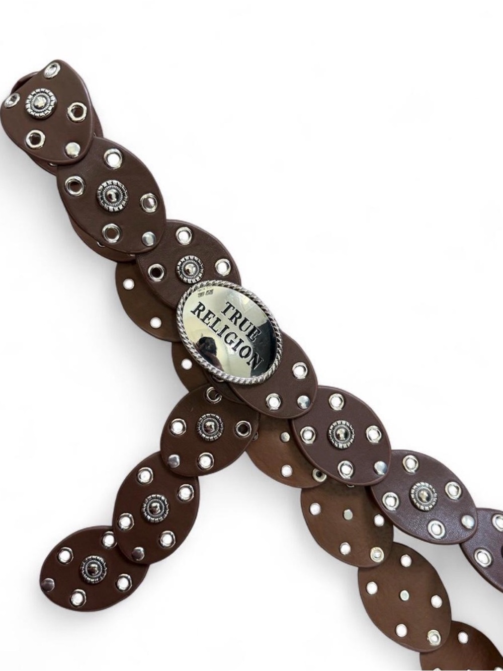 True Religion Brown Studded Leather Link Belt Y2K Boho Western Festival Cowgirl